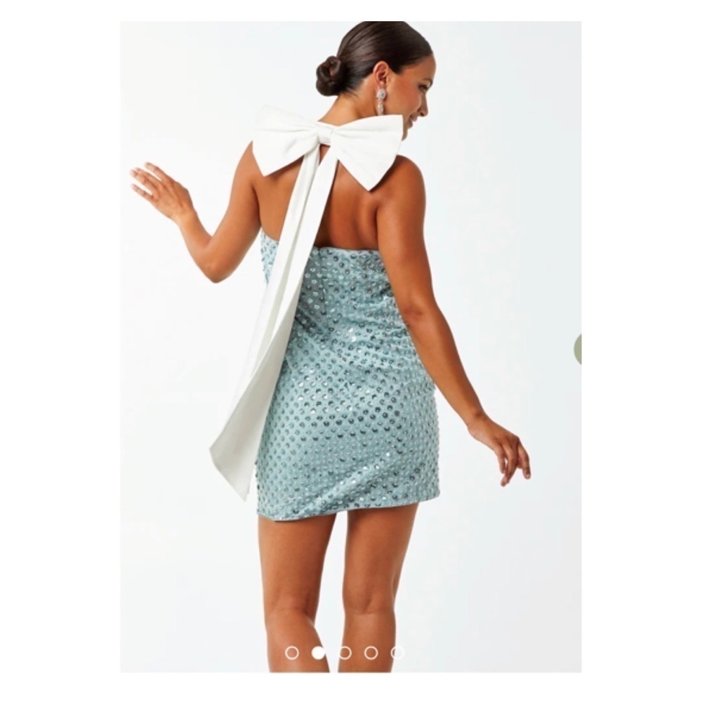 Mestiza Blue Sequin Bow Back Mini Dress Large Size 14 Cocktail Party - Picture 7 of 14